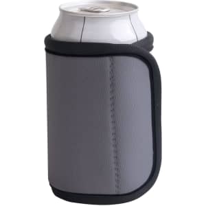 A drink bottle holder in grey with a black trim, featuring a logo on its side.