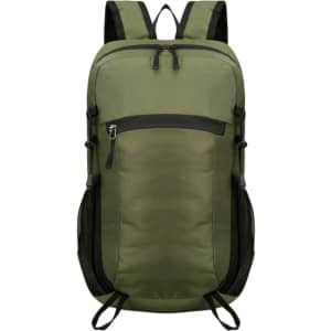 A packable hiking backpack in olive green with zippered compartments and mesh side pockets. It features adjustable straps and a logo.
