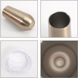 A vacuum champagne flute in a metallic gold colour, featuring a logo and a clear base.