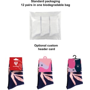 Woven socks in blue with a patterned design, packaged in a biodegradable bag, featuring an optional custom header card.