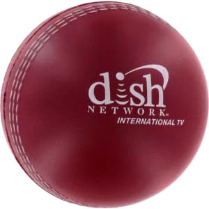 A maroon cricket ball-shaped stress reliever with a white logo and stitching details.