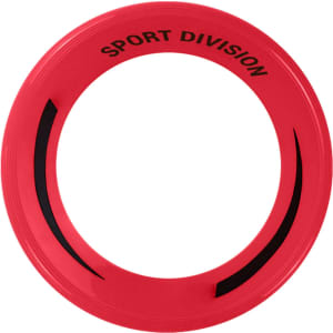 A red donut-shaped flyer with a black accent and a logo on the surface.