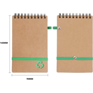 A brown spiral notebook with an elastic band and a green logo, measuring 145mm by 90mm.