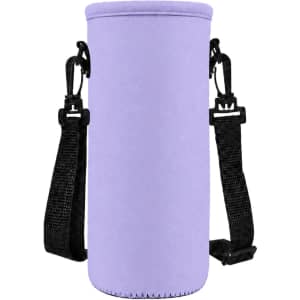 A drink bottle carrier in light purple with adjustable black straps, featuring a logo on the side.