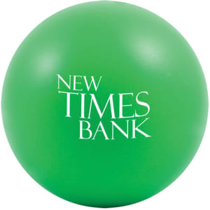 A green, round stress ball with a logo printed on one side.