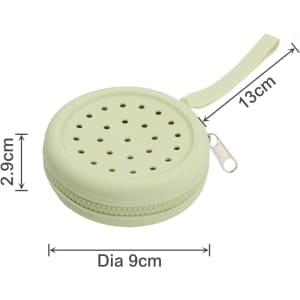 A round, light green silicone pouch with holes, featuring a zipper and a loop for easy carrying.