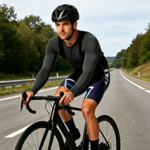 Men's sublimated cycling bib shorts in navy and black, worn by a cyclist riding on a road. The cyclist is wearing a helmet.