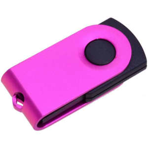 A pink Mini Belton flash drive with a black button, featuring a metal design and a keyring attachment.