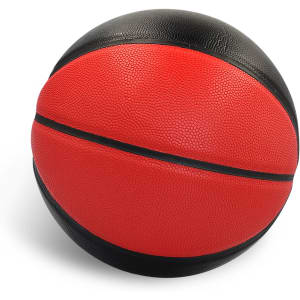 A basketball featuring a red and black design, with a textured surface and a logo.