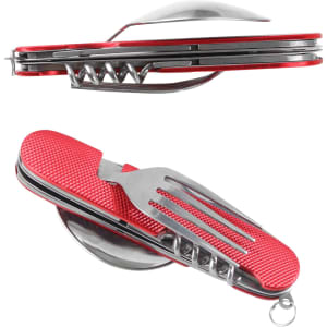 A multi-tool camping cutlery set in red features a fork and knife, stainless steel components, and a keyring attachment.