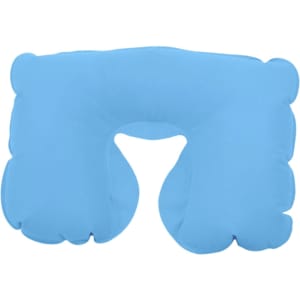 An inflatable travel pillow in light blue, shaped for neck support, featuring a logo on the surface.