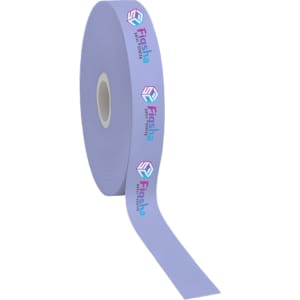 A roll of light purple satin polyester ribbon with a logo printed along the length.