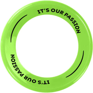 A green flyer with a circular shape and a logo, featuring text along the edge.