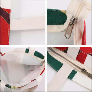 A multi-coloured tote bag featuring a zipper and contrasting straps, showcasing its interior and exterior details.