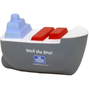 A grey and blue container ship stress reliever with red containers and a logo on the side.