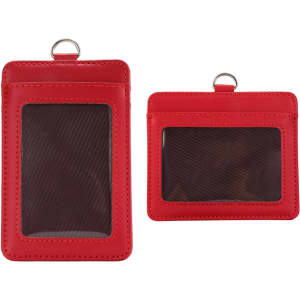 A red PU leather card holder featuring two sections with transparent windows for cards. It includes a metal ring.