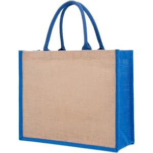 A jute tote bag featuring a natural hessian body with vibrant blue handles and trim. The bag has a logo.