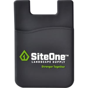 A black moulded wallet featuring a logo, designed to hold a phone and cards. Simple and practical design.