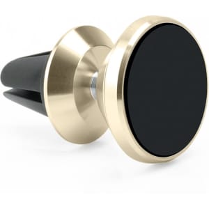 A rotatable clip-on car phone holder in gold and black, designed for air vent attachment. Features a smooth, circular surface and a branding logo.