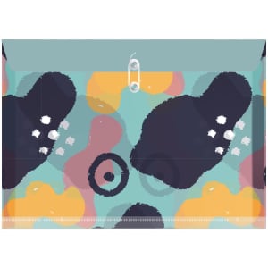 A rope-fastened folder featuring a colourful abstract pattern with shades of blue, yellow, and dark grey.