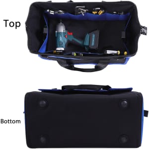 A black and blue tool bag featuring multiple compartments for tools and a sturdy base. Includes a logo.