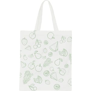 A white cotton tote bag featuring a green fruit pattern and short handles, with a logo on the side.
