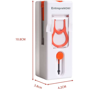 A sleek white cleaning kit with orange accents, featuring a compact design and measurement indicators on the side.