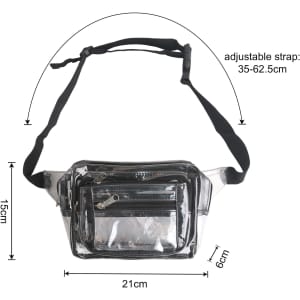 A transparent multi-layer waist bag with black accents and an adjustable strap, featuring multiple zippered pockets.