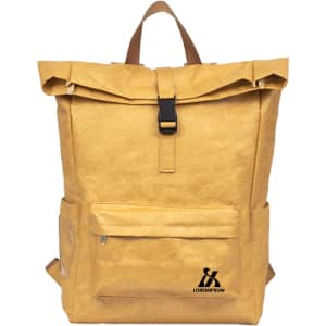 A yellow Tyvek roll-top backpack with a front pocket and an adjustable strap, featuring a logo.