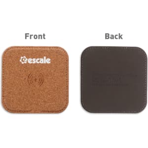 A square wireless charger in cork colour on the front and dark grey on the back, featuring a logo.