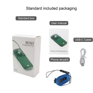 A green folding neck fan with a phone stand, USB-C cable, user manual, and lanyard in standard packaging.