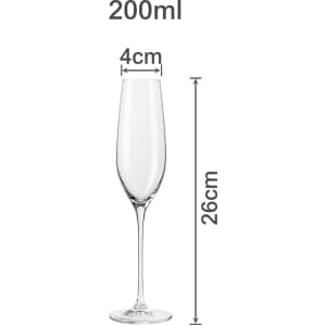 A clear, elegant champagne flute with a capacity of 200ml, measuring 26cm in height and 4cm in diameter.