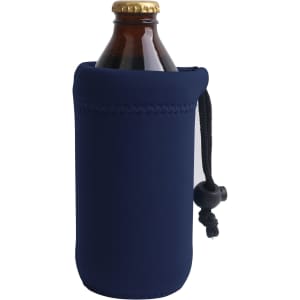 A drink bottle holder in navy blue, featuring a pull cord and a snug fit around a beverage bottle.