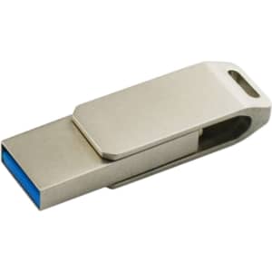 A metallic swivel flash drive with a blue USB connector. The drive features a sleek, minimalist design and a branding logo.