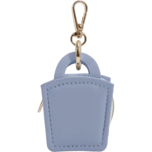 A small, light blue PU leather jewellery box with a zipper and a gold clip attachment.
