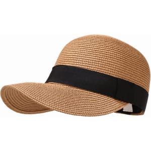A straw cap featuring a tan woven design and a black fabric band. It has a curved brim and an adjustable back.