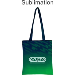 A green and blue gradient tote bag with sturdy straps and a logo printed on the front.