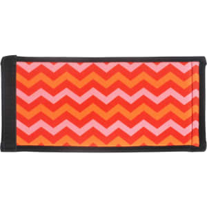 A drink bottle holder featuring a vibrant orange and pink chevron pattern, with a black trim and a logo.