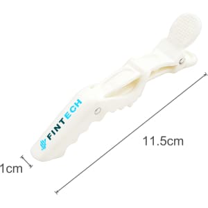 A white anti-slip positioning alligator clip with a textured grip and a logo. Measures 11.5 cm in length.