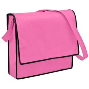 A pink non-woven sling bag with a flap closing and a black trim, featuring an adjustable shoulder strap.