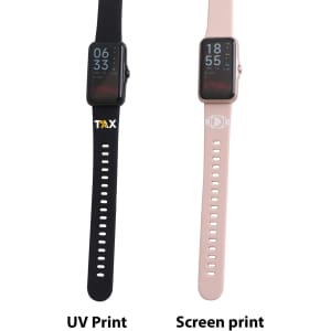 A black and a pink square smart band, each with different printing styles. The bands have digital displays and a logo.