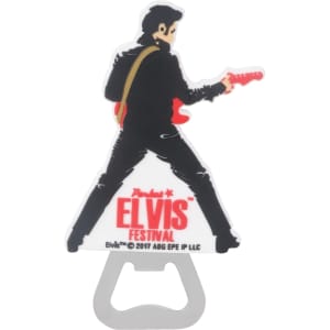 A drink bottle opener shaped like a guitarist silhouette, featuring red and black colours with a logo.