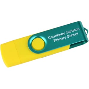 A yellow and green double-end Belton Micro USB flash drive featuring a clip and a logo.
