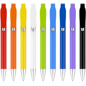 A collection of plastic pens in red, orange, yellow, green, white, blue, black, and purple, featuring shiny silver tips.