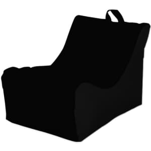 A black outdoor chair with a sleek design and a handle for easy transport. It has a logo on the side.