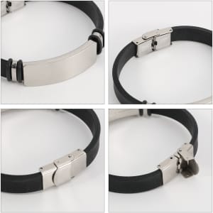 A colour engraved bracelet featuring a sleek black band and polished metallic elements, showcasing a logo.