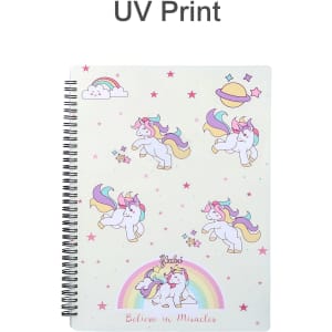 A spiral-bound folder featuring colourful unicorn illustrations on a light background, with stars and clouds. It has a logo.