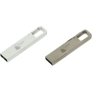 A sleek silver and metallic flash drive duo, featuring a minimalist design and a logo on each drive.