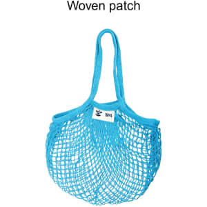 A blue mesh grocery bag with two handles and a woven patch. It has an open design for easy storage.