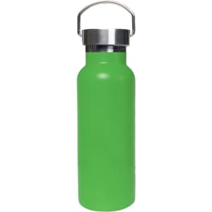A drink bottle with a bright green exterior and a stainless steel lid. It features a handle and is double-walled.